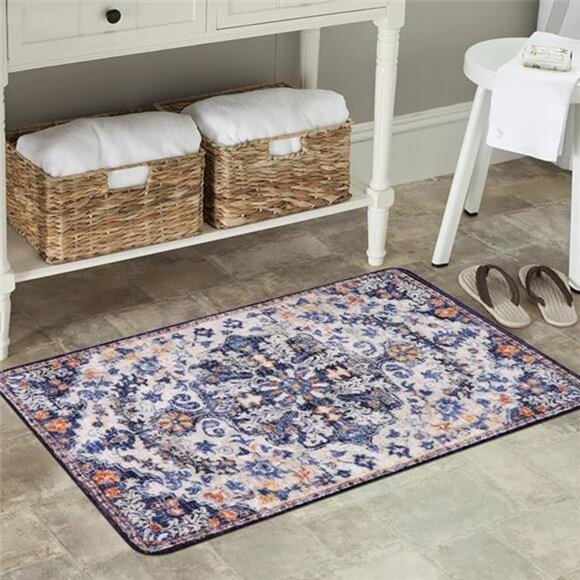 Bohemian Floral Medallion Area Rug - 2x3 Blue Small Kitchen Rug - Picture 7 of 7